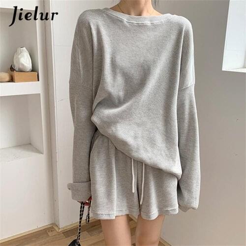 Jielur Stylish Oversized Two Pieces Sets Loose Women Sweatshirts Sports Sets 2021 New Hot Autumn Elastic Waist Wide Leg Shorts