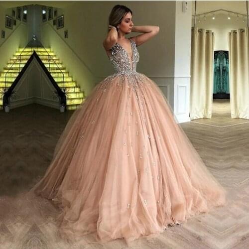 Blush Pink Prom Dress Ball Gown V-Neck Beaded with Rhinestones Custom Made Luxury Evening Gown Girl Party Dress for Graduation