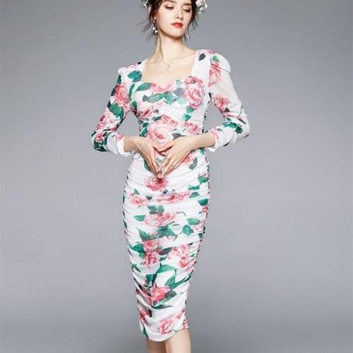2021 Summer Ruched Stretch Slim Women Midi Dress Sexy Square Collar Rose Floral Print Elegant Sheath Bodycon Party Vestidos