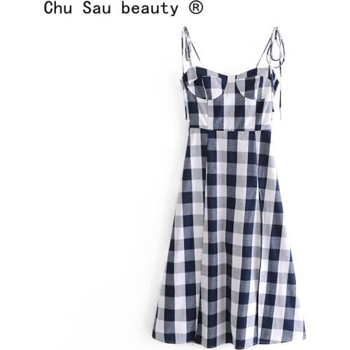 Fashion Girl Sexy Backless Long Split Beach Holiday New Vintage Plaid Strap Midi Dress Woman Summer