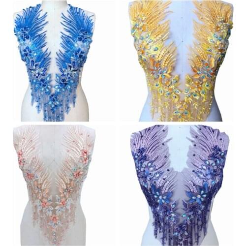 10 colour sew on beads rhinestones green/golden/red lace applique triming patches 60*33cm for evening dress DIY accessories