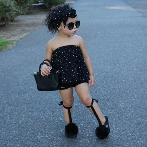 2017 summer outfits Polka dot print off-shoulder t-shirt + black jeans + headband set