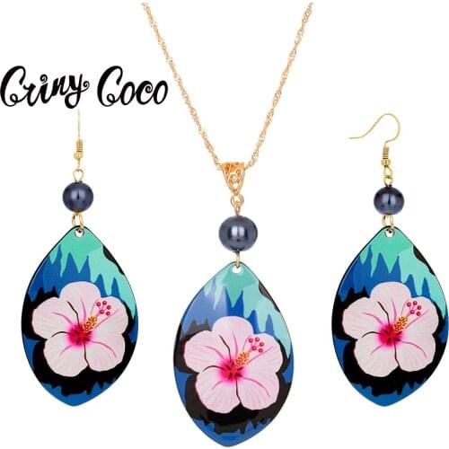 Cring Coco Acrylic Jewelry Sets 2021 Fashion Flowers Drop Earrings and Necklaces Set Hawaiian Beach Blue Pearl Earing for Women