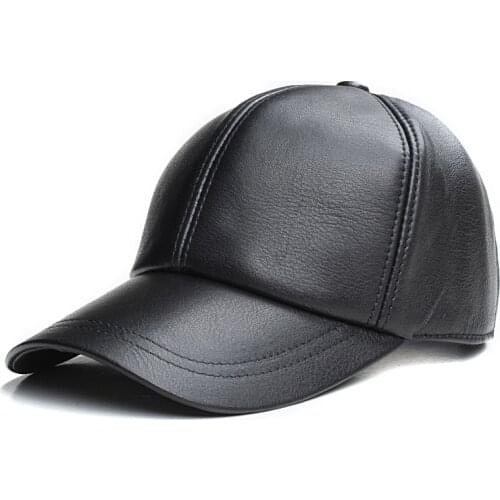 Black Leather Middle Aged Mens Outdoor Baseball Hat Warm Adjustable Sheep Skin Duck Tongue Skin Caps