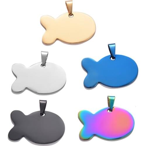 10 pcs Dog Tag 5 Colors Unisex Stainless Steel Stamping Blank ID Dog Tags Fish Shape Pendant Necklace ID Jewelry 24.5x38mm