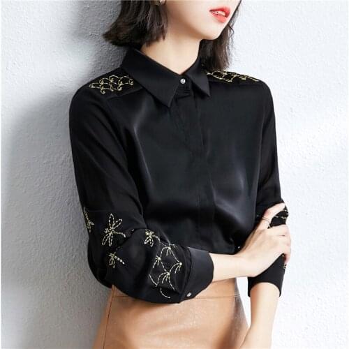 2021 Women Black Embroidery OL Bloues Plus Size Spring Blouses Long Sleeve Ropa Mujer Solid Blusas Harajuku Sexy Top Tees 1132