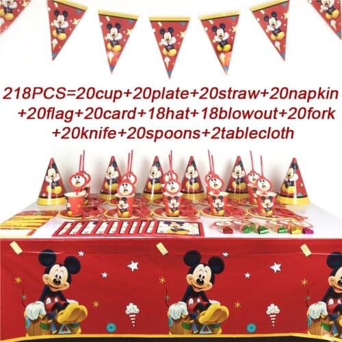 Baby Mickey Mouse Party Supplies Set Childrens Theme Birthday Party Decor Cup Plates Tablecloth Flag Disposable Party Supplies