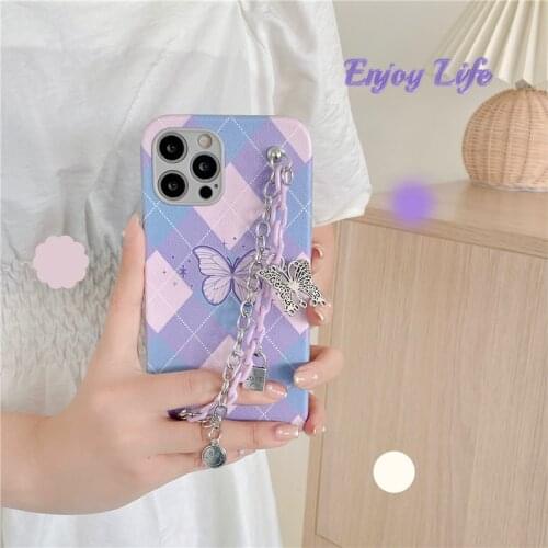 For iphone 12 Pro Max Case Purple Butterfly Bracelet Chain Silicone Cases for iPhone 11 7 12 8 Plus XS Max XR SE 2020 X Cover