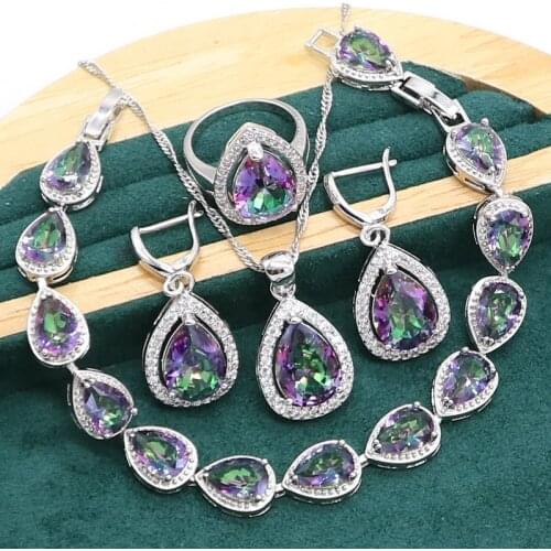 Water Drop Rainbow Topaz 925 Silver Wedding Jewelry set for Women Party Bracelet Earrings Necklace pendant Ring