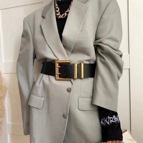 Fashion womens wide belt golden double pin buckle luxury PU leather sweater belt dress coat waist belt 203