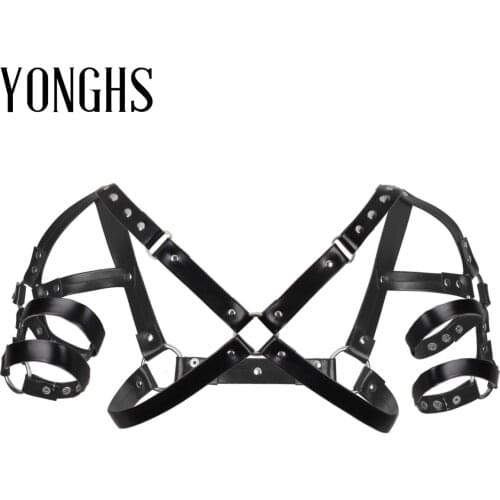 Mens Lingerie Faux Leather Adjustable Body Chest Shoulder Harness Bondage Costume with Press Buttons