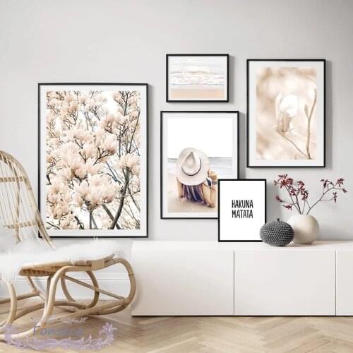 Sunset Beach Waves White Magnolia Flowers Wall Art Canvas Painting Hakuna Matata Quotes Poster Decorative Aesthetic Pictures