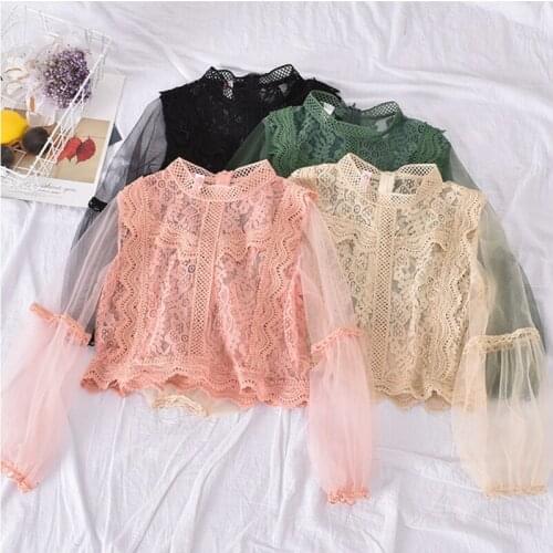 New Arrival Ladies Mesh Lace Hook Flower Lantern Sleeve Loose Retro Short Pullover Blouse Shirts Women Fashion Cute Voile Suits