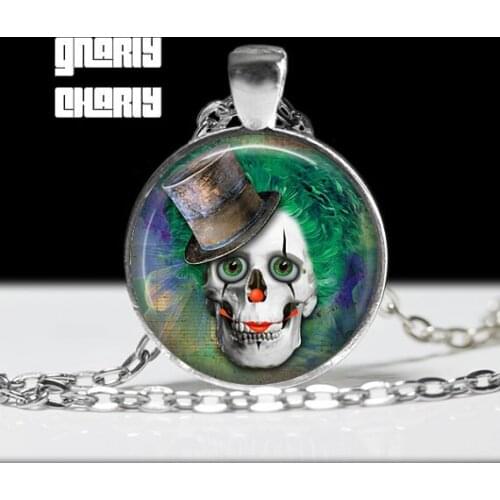 Clown Skull in Top Hat Necklace 1pcs/lot bronze or steel Glass Steampunk Pendant jewelry vintage antique chain mens womens 2017