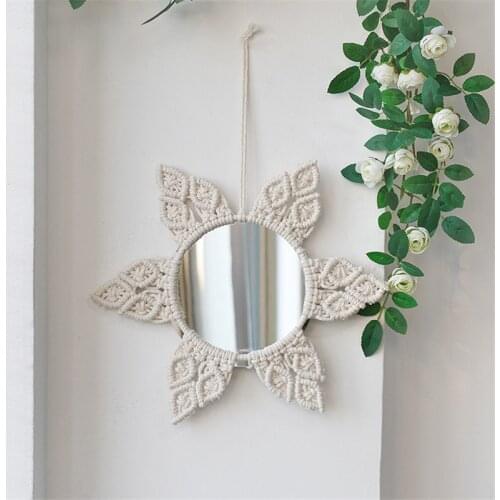 Woven Cotton Rope Macrame Tapestry Flower Leaves Round Mirror Wall Hanging Decoration Porch Wall Hanging Gift for Boho Decor