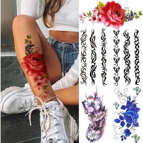 Realistic Rose Large Fake Tattoo Sticker For Women Men Tribal Thorn Temporary Tattoos Water Transfer Face Foot Arm Tatoos Thigh