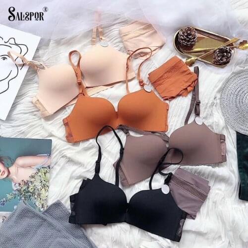 SALSPOR Front Closure Underwear Set Women Sexy Hollow Beautiful Back Push Up Lingerie Breathable Solid Bra Suit