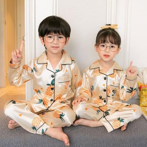 Silk Children Pajamas Set Cartoon Printed Kdis Homewear Suit Satin Autumn Girls Sleepwear Pijama Cute Boys Casual Loungewear Set
