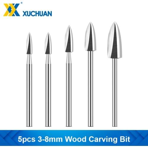 Wood Carving Bit 5pcs 3mm Shank Steel Engraving Drill Bit for Wood Drilling Carving Engraving 3-8mm Woodworking Tools