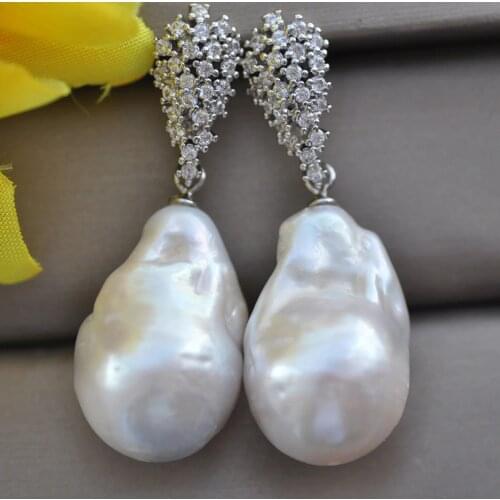 Z10657 24mm White Baroque Drop Keshi Pearl CZ Dangle Earring