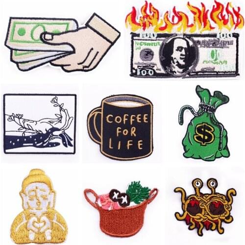 Hand/Coffee Embroidered Patch Iron On Patches For Clothing Patches Money Patter DIY Sewing Clothes Stickers Applique Patch Badge