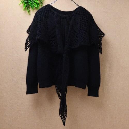 Women winter top quality short black hollows slim vintage angora rabbit fur knitwear loose o-neck long sleeves pullover sweater