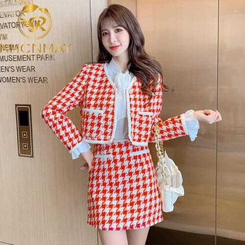 2021 Autumn Womens Fashion Single Breasted Woolen Coats+woolen Skirts Suits Female Vintage Houndstooth Pocket Two Piece Sets