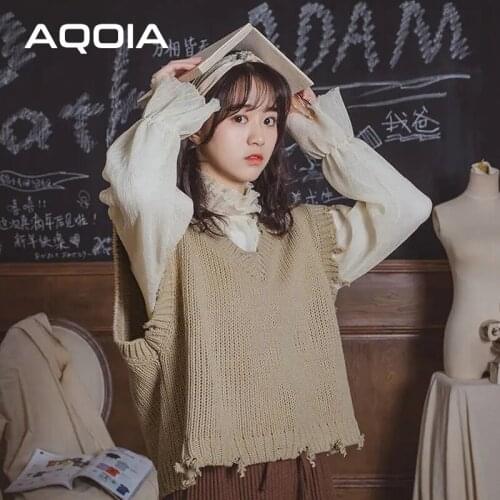 2020 Winter Boho Loose Womens Vest Sweaters Solid V Neck Sleeve Hole Student Style Autumn Female Tops