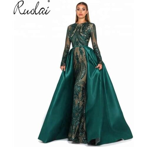 New Sexy Luxurious Sequined Lace See-through Long Sleeve with Detachable Train Green Gowns Evening Dress for Party Women Dresses