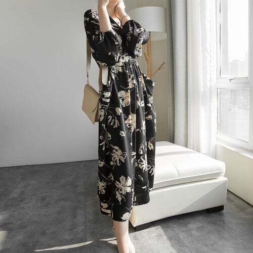 New arrival fashion korean spring midi dress women OL temperament elegant print v-neck adjustable waist chiffon holiday dress