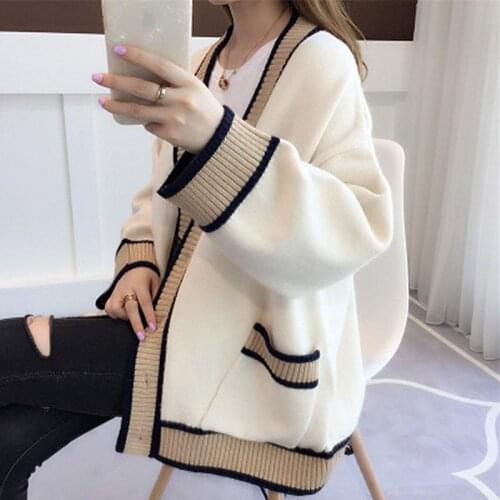 Winter Acrylic Womens Sweater V-Neck Long Sleeve Cardigan Button Pockets Knitted Striped Thick Fashion Office Lady Sweater
