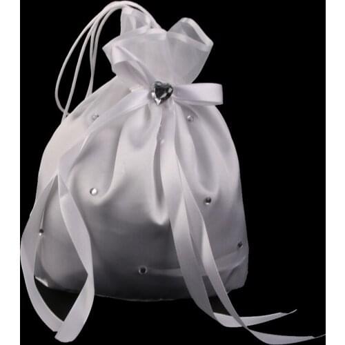1Pcs Wedding Bridal Flower Girl Drawstring Dolly Bag Crystal White Satin Handbag Home Decroation