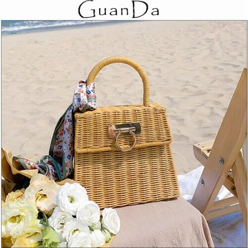2021 Fashion Handmade Rattan Straw Flap Bag Women Vocation Female Weave Beach Handbag Portable Top Handle Hard Box Basket Bag