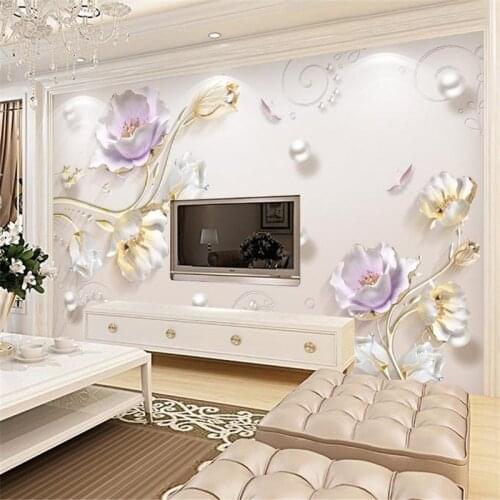 Large 3 d Stereo Luxury Wallpaper Custom Wall Picture Living Room Decor TV Background Golden Wall Mural Purple Flower Wallpaper