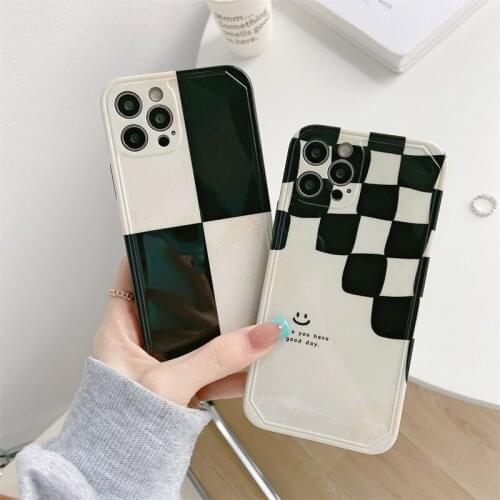 INS Korea Black White Chess Lattice Phone Case For iPhone 12 Pro Max 11 Xr Xs Max 7 8 Plus SE2020 Tide brand smiley cover