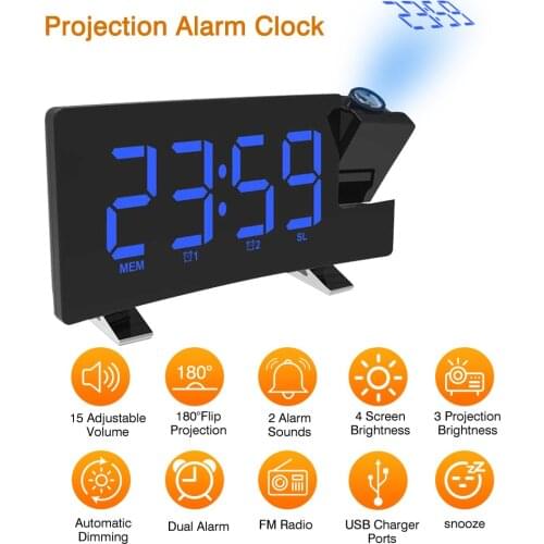 Digital Projection Alarm Clock LCD Radio Temperature Projector Calendar Time FM Projector Dimmer