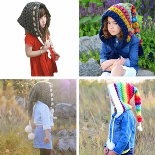 Kids Winter Wool Hats Handmade Crochet Beanie Hat Children Warm Knitted Rainbow False Collar Hat Hooded Cap Boy Girl Xmas Cap
