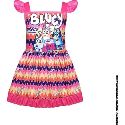 Bingo bluey Children Clothes Baby Girls Summer New Fashion Pink Short Sleeve Cotton Dress Kids Floral Print Princess Party Dress