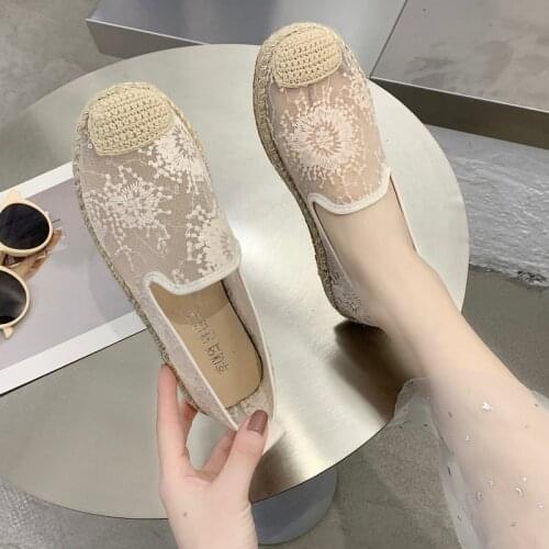 Espadrilles mesh embrioder flowers loafers shoes women hemp anti-collision slip on moccasins pearl cartoon straw flats shoes2020