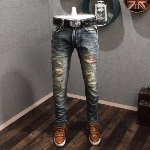 Italian Vintage Fashion Men Jeans Retro Blue Destroyed Ripped Jeans Men High Quality Slim Fit Designer Hip Hop Denim Punk Pants