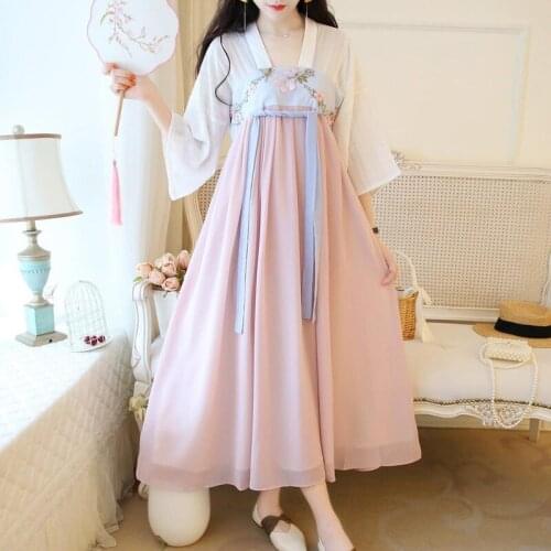 Chinese Improved Hanfu Dress Summer New Female Embroidered Ancient Style Costume Fairy High Waist Chiffon Long Dress Vestidos