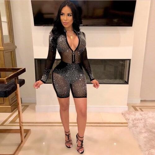 Imcute Women Long Sleeve Sequin Mesh See Through Bodysuit Jumpsuit Clubwear Deep V-neck Front Zipper Sparky Bodycon Slim Romper