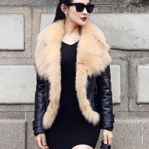 Fad New Autum Winter Coat Women Fashion Short Coat Natural Fox Fur Collar Slim Sheepskin Leather Jacket A056