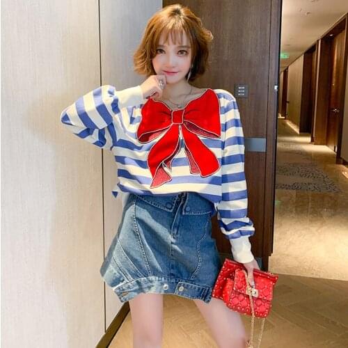 Cute kpop Women Big Bows 2021 Fall Playful Hot Loose Casual Blue Striped Pullover Top Crewneck Sweatshirt Streetwear