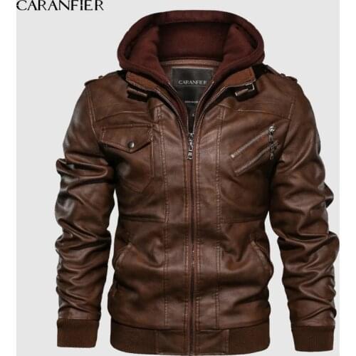 CARANFIER Mens PU Hooded Jackets Coats Motorcycle Biker Faux Leather Jacket Men Classic Winter Jackets Clothes European Size