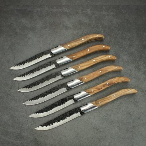Laguiole Steak Knife Set Black Creative Hammer Blade Dinner Knives Olive Wood Handle Table Knife Handmade Forged Tableware Home