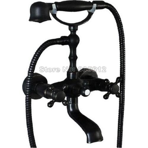 Bathroom Wall Mounted Black Oil Rubbed Bronze Clawfoot Bathtub Mixer Tap with Handheld Shower Dual Cross Handles Faucet Wtf021