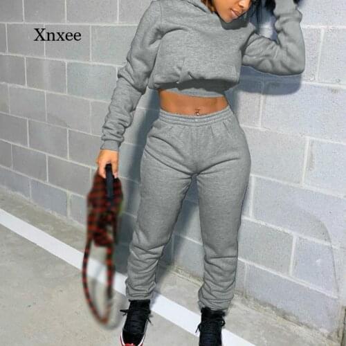 Autumn and Winter Solid Color Two-Piece Suit Womens Sportswear Long-Sleeved Hoodie Short Top + Sweatpants Workout Fitness Suit