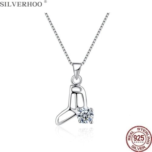 SILVERHOO 925 Sterling Silver Simple Round Cubic Zirconia Hollow Sock Shape Charm Pendant Necklaces For Women Original Jewelry
