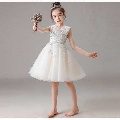 Flower Girl Dresses Illusion Sleeveless O-Neck Embroidery Crystal Luxury White Tulle Princess Knee-Length Kids Party Gown H336